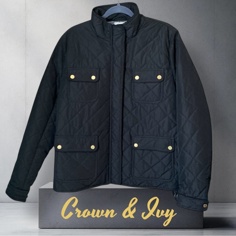 🌺NEW-CROWN & IVY BLACK QUILTED 4 POCKET GOLD BUTTONS/ZIP & SNAP UP JACKET